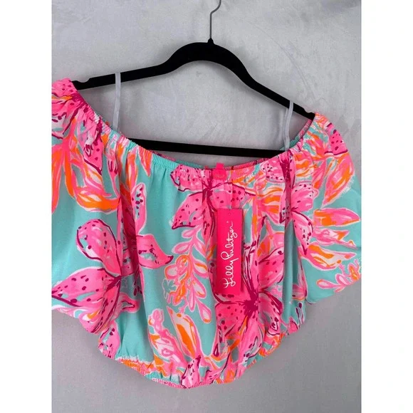 Lilly Pulitzer Esmeray Crop Top Bonita Blooms Pink Blue Off Shoulder NWT L - Picture 2 of 8